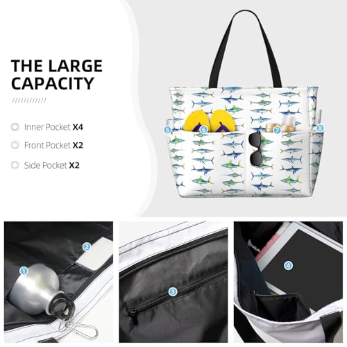 Large Beach Bag for Women Waterproof Foldable Travel Shoulder Tote Bag with Pocket for Weekender Pool Vacation - color: Fish White