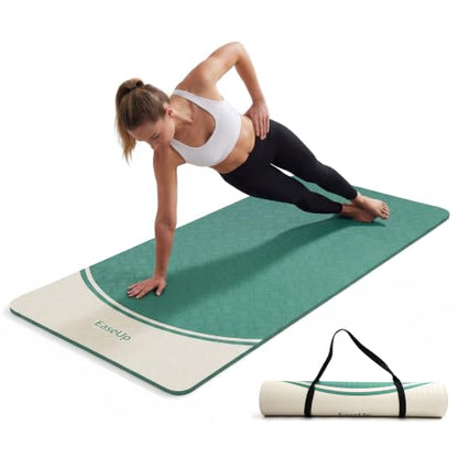 EaseUp 10mm Thick Yoga Mat, 73"×31.5" Extra Wide, Non-Slip with Strap - color: Green
