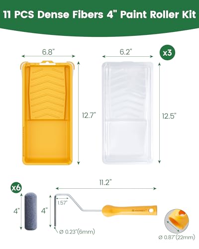 Voomey Foam Paint Roller, 4 Inch Mini Flock Foam Cover Kit | Small Paint Rollers with Tray and Roller Frame for Doors, Trims & Cupboards - size: 4 Inch Mini Flock Foam Paint Roller Kit 11 Pack