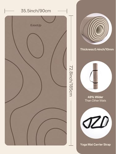 EaseUp Large Yoga Mat 73x35.5x0.4",10mm Thick Non-Slip for Home Workout - color: Brown/Beige