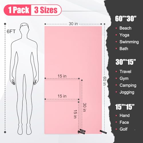 Quick Dry Travel Towel, 3 Sizes 1 Pack Camping Microfiber Towel, Lightweight Fast Drying Towels Set 60"x30", 30"x15", 15"x15" w/Bag for Gym, Beach, Hiking, Swimming, Pink - color: Pink