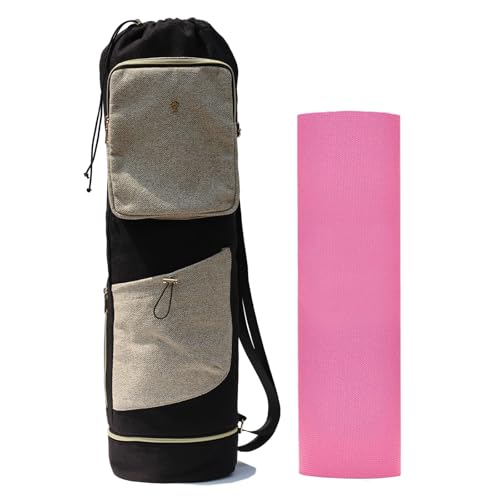 ESVAN Yoga Mat Bag with Multi Pockets Drawstring Yoga Mat Carrier Pilates Exercise Multi-Functional Storage Bag - color: Linen Black Beige