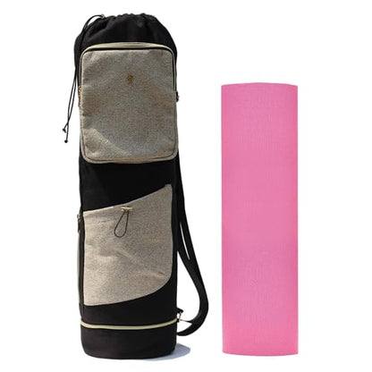 ESVAN Yoga Mat Bag with Multi Pockets Drawstring Yoga Mat Carrier Pilates Exercise Multi-Functional Storage Bag - color: Linen Black Beige