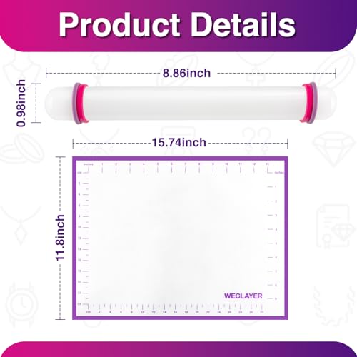 Clay Roller with Thickness Rings and 16" x 12" Silicone Clay Mat with Measurement,Oven-Safe Work Mat with Texture,Reusable Silicone Non-skid Pad,Clay Rolling Pin,Polymer Clay Tools