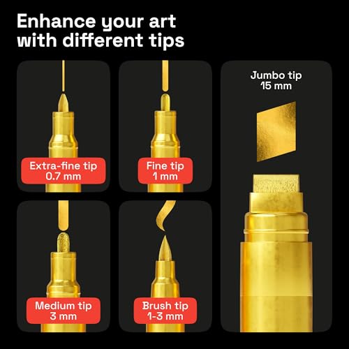 ARTISTRO Gold Paint Pens - Various Tips - Set of 5 | Acrylic Paint Markers, Water-Based, For Rock, Glass, Ceramic, Wood, Tire, Fabric, Metal, Canvas, Marking, Painting - color: Gold, style: Different Tips