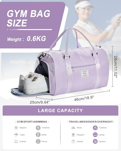 Gym Bag Womens Mens with Shoes Compartment and Wet Pocket Travel Duffel Bag for Women for Plane Sport Gym Tote Bags Swimming Yoga Waterproof Weekend Overnight Carry on Bag Hospital Holdalls - color: A3-Light Purple