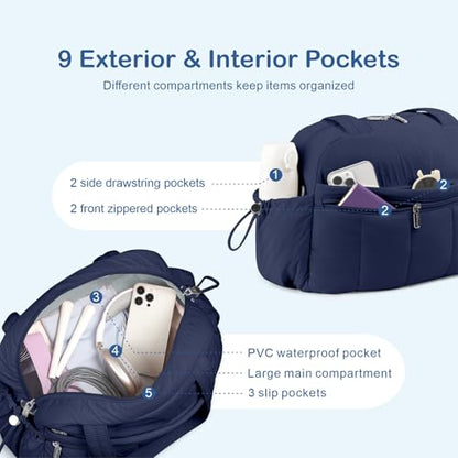 TOPDesign Travel Duffel Bag for Women, Puffer Gym Bag Sports Tote with Wet Pocket, Carry On Weekender with Luggage Sleeve (Navy Blue) - color: Navy Blue