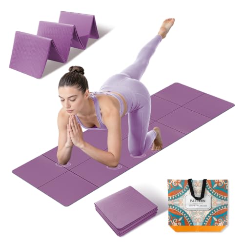 Foldable Yoga Mat Thick Non-Slip Exercise Mat | Packable Travel Fitness Mat, Carrying Bag Included, For Yoga, Pilates, Workout, Home & Gym Use - color: purple