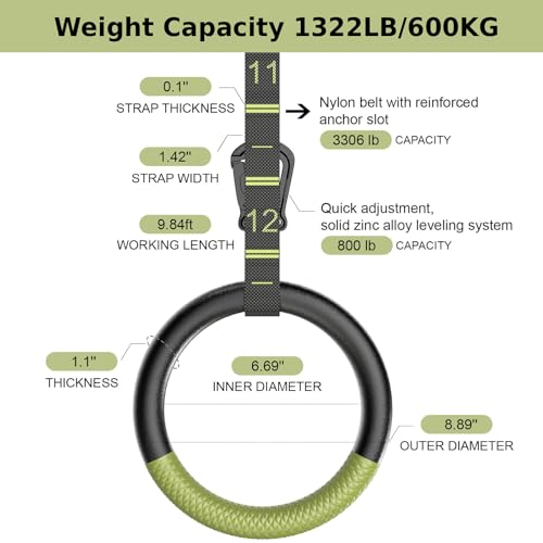 QUOLIX Gymnastic Rings with Adjustable Straps, Non-Slip Pull Up Rings with Straps, 1300lbs Exercise Rings with Straps for Home, Gymnastics Rings for Home Gym, Workout, Exercise, Training, Calisthenic - color: AppleGreen