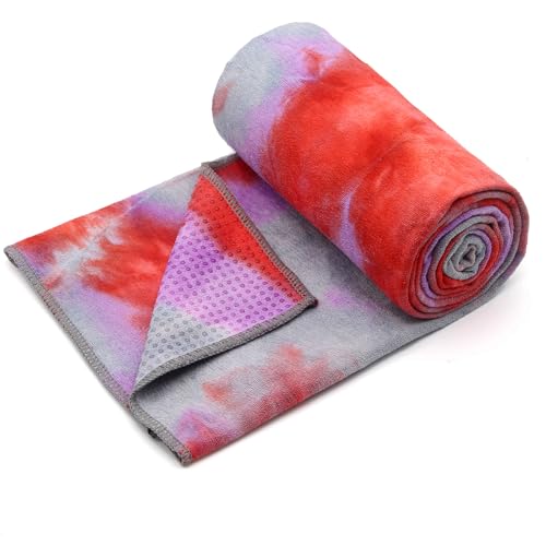 Eunzel Non Slip Hot Yoga Mat Towel with Grip Dots, 72" x 24" - color: Red & Gray, size: 72" x 24"