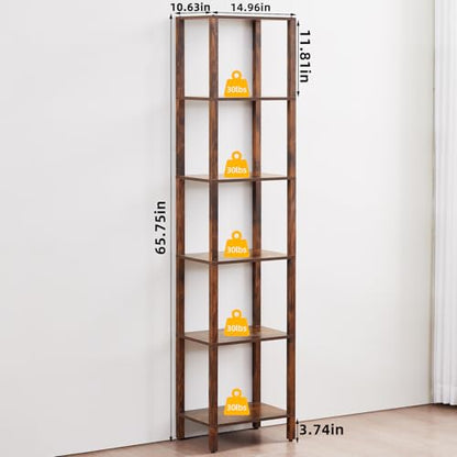 YUFAM 6 Tier Tall Skinny Bookshelf, Narrow Bookcase, Wooden Shelf, Brown - color: Brown, size: 6-Tier