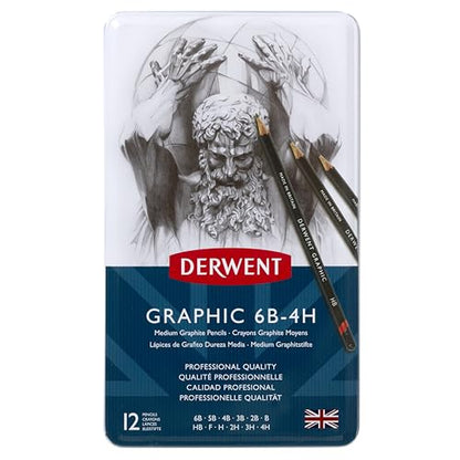 Derwent Graphic Drawing Pencils, Medium, Metal Tin, 12 Count (34214) - size: 12 Count (Pack of 1), style: 12 Count