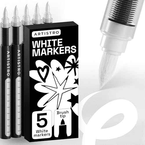 ARTISTRO 5 White Paint Pen for Rock, Glass, Ceramic, Wood, Tire, Fabric, Metal, Canvas, Marking, Painting - Set of 5 Acrylic Paint Markers Water-based - Brush Tip with Automatic Ink Control System - color: White, style: Brush Tip