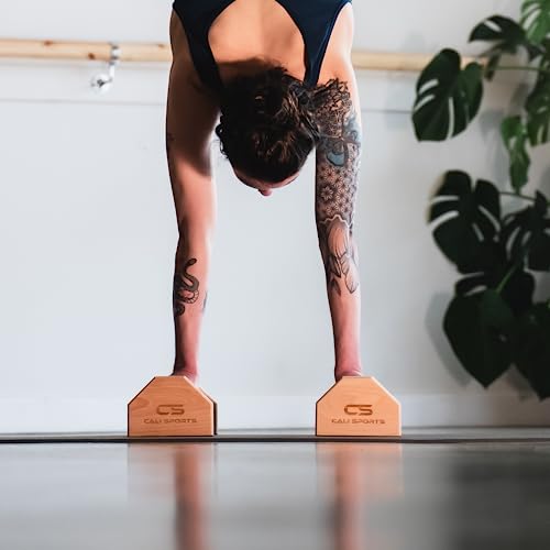 CALI SPORTS Calisthenics Wood Parallettes Bars | Push Up Bar That Will Not Slip or Wobble | Wrist Wraps Included
