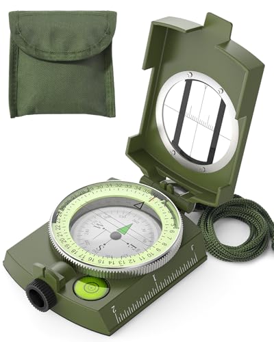 Sportneer Compass: Accurate Durable Lightweight Orienteering Compass with Strap and Carrying Case, Glow in The Dark Waterproof Hiking Essentials for Camping Backpacking, Best Survival Gifts for Kids - color: Army Green