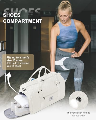 Gym Duffle Bag for Women with Shoe Compartment Waterproof Travel Tote Bags Personal Item Carry On Weekender Overnight Bags with Toiletry Bag Swimming Yoga Bags Hospital Holdalls Beige - color: C5-Grid-Beige