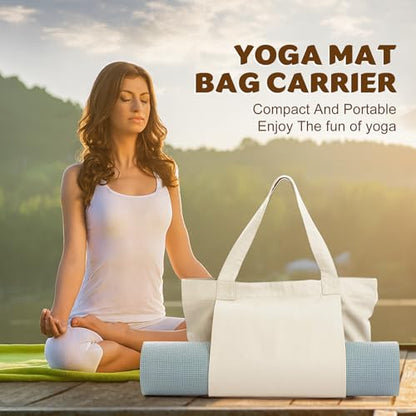 Yoga Mat Carrier, Gym Bag With Yoga Mat Holder, Women Canvas Tote With Shoulder Strap For Pilates, Travel, Office, Sports, Workout And Beach – Inner Zippered Pocket, Fits Standard And Small Mats - color: Off Whtie