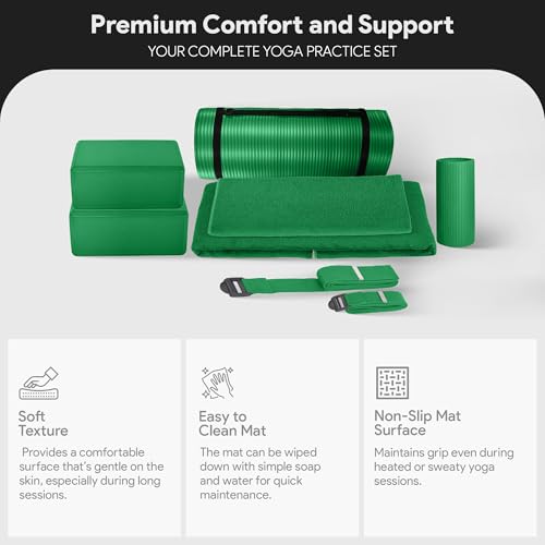 BalanceFrom 7-Piece Yoga Set with 71x24x1 Inches Extra Thick Mat and Carrying Sling – Includes 2 Blocks, Stretch Strap, 2 Towels, and Knee Pad for Home, Studio, and Gym Workouts - color: Green