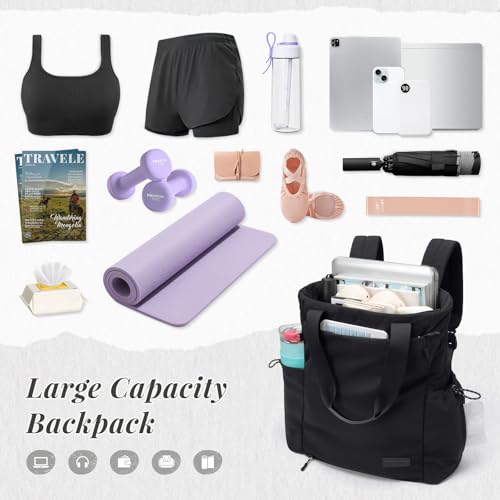 GOLF SUPAGS 3-in-1 Laptop Tote Backpack for Women 15.6" Quilted Work Gym Bag with Hidden Yoga Mat Carrier for Travel Leisure (Black) - color: Black