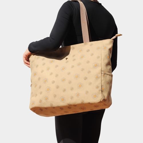 ESVAN LARGE BEACH BAG Water Resistant Lightweight 20 inch Women Oversize Tote Bag for Gym Beach Travel Pool Yoga Nurse - color: Corduroy Brown Daisy