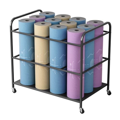 Yoga Mat Storage Rack with Wheels, Home Gym Storage Cart (Black)