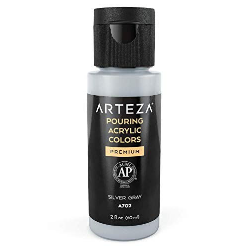 ARTEZA Acrylic Pouring Paint - 2oz Silver Gray High Flow, No Mixing Needed, For Canvas, Glass, Paper, Wood, Tile, Stones - color: Silver Gray, size: 2 Fl Oz (Pack of 1)