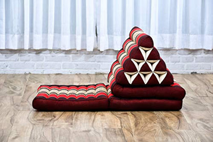 Leewadee - Comfortable Japanese Floor Mattress - Thai Floor Bed with Triangle Cushion - Futon Mattress - Thai Massage Mat, 67 x 21 inches, Red, Kapok Filling | Floor & lounge cushion for relaxing, reading & TV - for meditation & yoga, firm & stable - colo