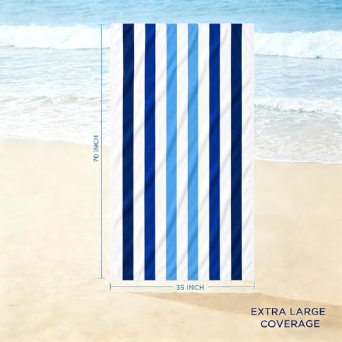 Lightweight Beach Blanket, 35 x 70 in Blue Cabana Stripe Outdoor Mat