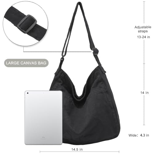 Canvas Tote Bag Casual Hobo Crossbody Shoulder Bag for Women and Men Large Purse Messenger Bag Travel Work - color: 0-black