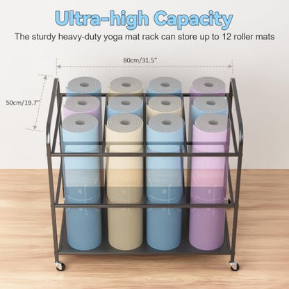 Yoga Mat Storage Rack with Wheels, Rolling Home Gym Organizer for Fitness Equipment, Heavy Duty Iron Workout Cart Holds 12 Mats, 31.5 x 19.7 x 29.5 Inches, Black Black
