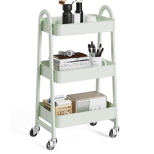 OLIXIS Metal 3 Tiers Rolling Storage Utility Cart with Lockable Wheels - color: Pale Green, size: 3-Tiered 17 inches