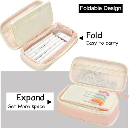 YOKUMA Cute Pencil Case for Girls Big Capacity Pencil Pouch Bag Box,Pink | Expandable,Cute,Durable Zipper,Lightweight,Aesthetic,Back to School Supplies Gift for Kids Students College Adults Preppy - color: Pink