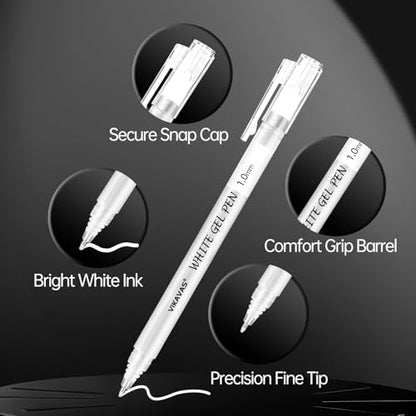 3 Pack White Gel Pens for Black Paper, Drawing, Highlighting, Journaling & Crafting – 1.0mm, 0.8mm, 0.5mm Fine Tip White Ink Pens, Smooth Flow, Waterproof, Non-Toxic - style: 3 sizes