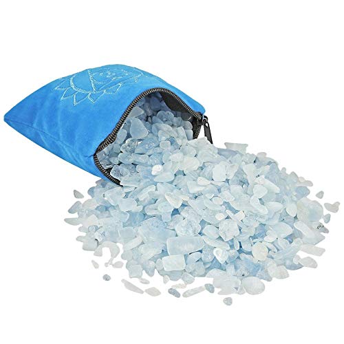 SUNYIK Natural Aquamarine Tumbled Chips Stones with Throat Chakra Pillow | 0.5LB/230g Crushed Crystal Quartz Chips for 7 Chakra Healing Meditation Yoga Reiki Energy Balancing - color: Light Blue/Blue