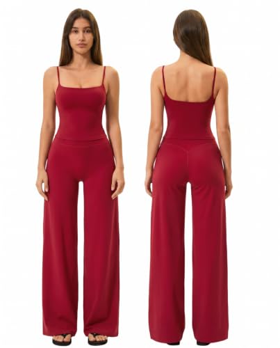 Womens Two Piece Workout Sets Spaghetti Straps Crop Top Matching Straight Leg Pants Gym Yoga Pilates Outfits - color: Ruby Red, size: Small