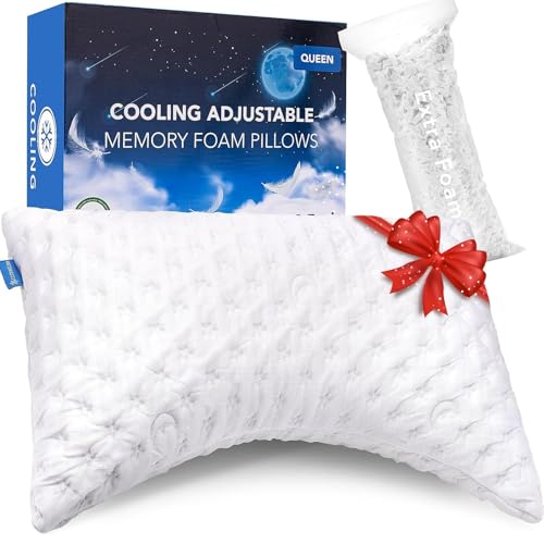 KUCEY Cooling Side Sleeper Pillow for Neck and Shoulder Pain, Luxury Shredded Memory Foam Curved Bed Pillows for Sleeping Set of 1- Adjustable Queen Size- Washable Cover Crescent White - color: Crescent White, size: Queen Size (1 pack)