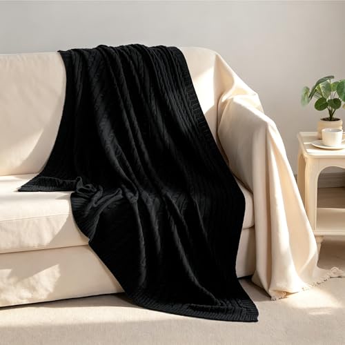 NTBAY Cotton Cable Knit Throw Blanket, 51 x 67, Black - color: Black, size: Throw(51"x67")