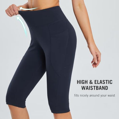 baleaf Women's Capri Leggings with Pockets Knee Length High Waisted - color: Navy Blue, size: Medium