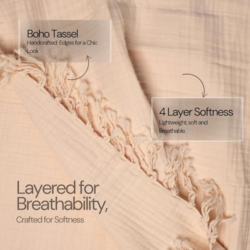 100% Cotton Gauze 50"X60" Throw Tassel 4 Layered Blanket- Parchment | Premium Muslin Blanket for Couch,Bed,Living,Summer Lightweight, All Seasons Blankets & Throws, Boho,Travel & Skin Friendly - color: Parchment, size: 50"X60" Throw