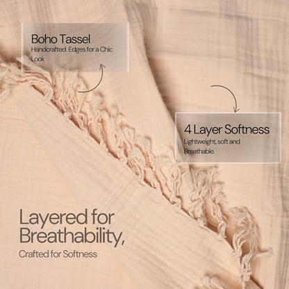 100% Cotton Gauze 50"X60" Throw Tassel 4 Layered Blanket- Parchment - color: Parchment, size: 50"X60" Throw