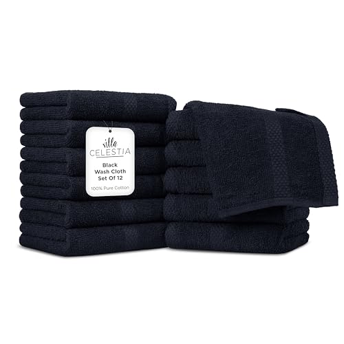 Villa Celestia 100% Cotton Wash Cloth for face & Body Set of 12, (12 x 12 inches) Sustainable, Soft, Highly Absorbent, Combed Cotton Wash Cloths Pack of 12 for Hotels, Spa, Bathroom, Dorm, Black - color: Black, size: Washcloth - Pack of 12