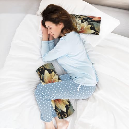 Boho Water Lily Flower Black Neck Roll Pillow Bolster Round Health Memory Foam Long Cervical Cylinder Pillows with Removable Washable Cover for Body Bed Legs Back Yoga - color: Boho Water Lily Flower Black