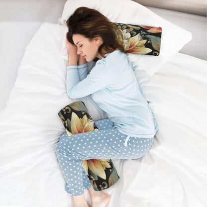 Boho Water Lily Flower Black Neck Roll Pillow Bolster Round Health Memory Foam Long Cervical Cylinder Pillows with Removable Washable Cover for Body Bed Legs Back Yoga - color: Boho Water Lily Flower Black