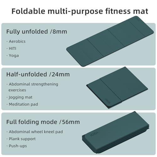 Foldable Yoga Mat Extra Thick 0.32"(8mm) | Folding Exercise Mat,Odorless POE, Non-Slip Grip, No-Curl Edges, Great for Yoga, Pilates & Home Workouts - color: Deep green