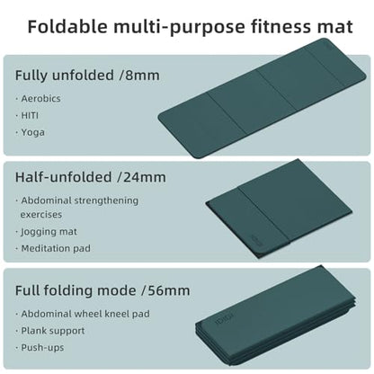 Foldable Yoga Mat Extra Thick 0.32"(8mm) | Folding Exercise Mat,Odorless POE, Non-Slip Grip, No-Curl Edges, Great for Yoga, Pilates & Home Workouts - color: Deep green