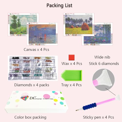 Muzagroo Art DIY Diamond Painting Kits for Adults, 5D Diamond Art Kits for Beginners Paint by Diamond, Monet Diamond Arts and Crafts for Living Room Bedroom 4 PCS Wall Art - color: 12-Monet