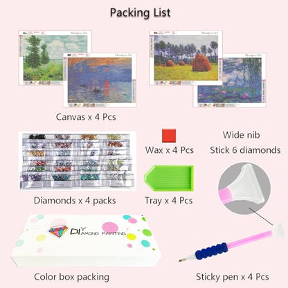 Muzagroo Art DIY Diamond Painting Kits for Adults, 5D Diamond Art Kits for Beginners Paint by Diamond, Monet Diamond Arts and Crafts for Living Room Bedroom 4 PCS Wall Art - color: 12-Monet