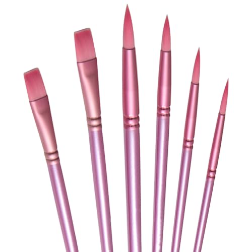 Acrylic Paint Brush Set, 6 pcs Watercolor Brushes, Painting Brush Nylon Hair Brushes for All Purpose Oil Watercolor Painting Beginner Kits (6, Pink) - color: Pink