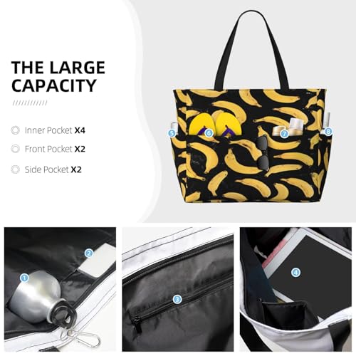 Large Beach Bag for Women Waterproof Foldable Travel Shoulder Tote Bag with Pocket for Weekender Pool Vacation - color: Banana Black