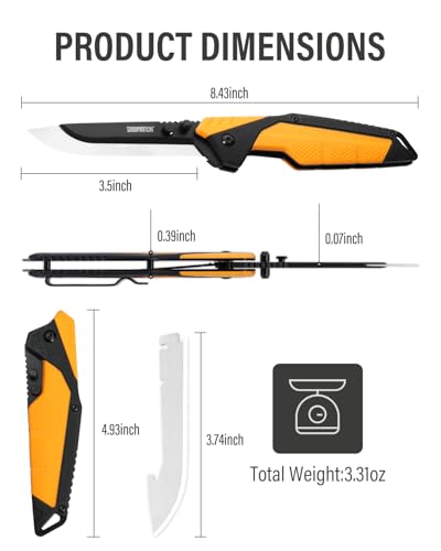 3.5" Replaceable Blade EDC Folding Hunting Knife with Dual Thumb Opener and Pocket Clip with 3 Drop Point Blades, Durable ABS and Non-Slip rubberized TPR Handle with Nylon-Holster, skinning knife - style: Orange Hunting knife